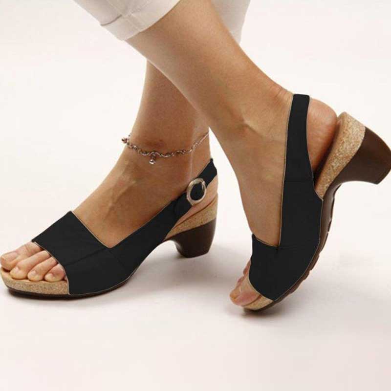 Dames Sandalen met Blokhak en Peep Toe op Kurken Zool met Gesp