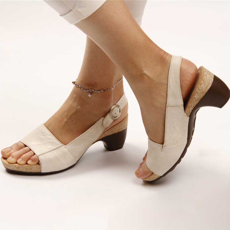 Dames Sandalen met Blokhak en Peep Toe op Kurken Zool met Gesp