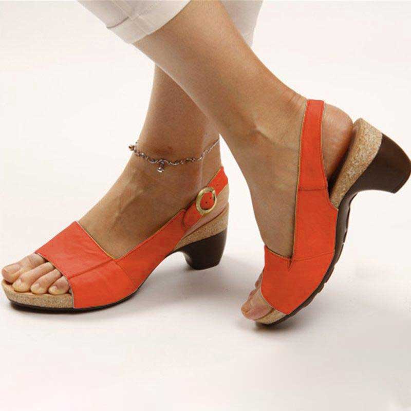 Dames Sandalen met Blokhak en Peep Toe op Kurken Zool met Gesp