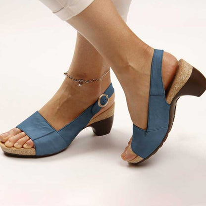Dames Sandalen met Blokhak en Peep Toe op Kurken Zool met Gesp