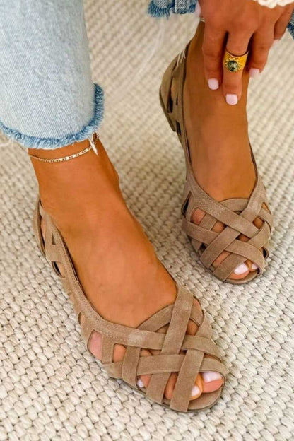 Dames Sandalen met Gevlochten Bandjes en Open Neus Flat Taupe
