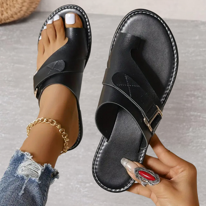 Dames Sandalen met Teenring en Gesp Platte Zool Zwart