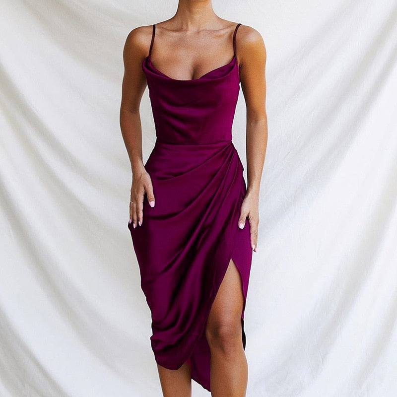 Dames Midi Jurk met Cowl Hals en Split Bordeaux
