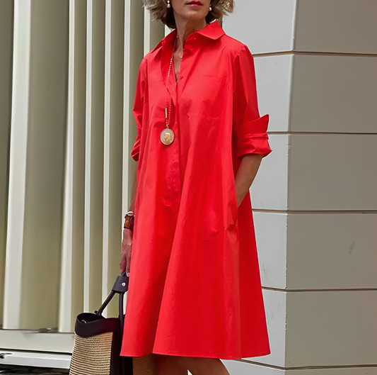 Dames Shirtjurk Midi met Kraag, Lange Mouwen en A-lijn Silhouet Rood