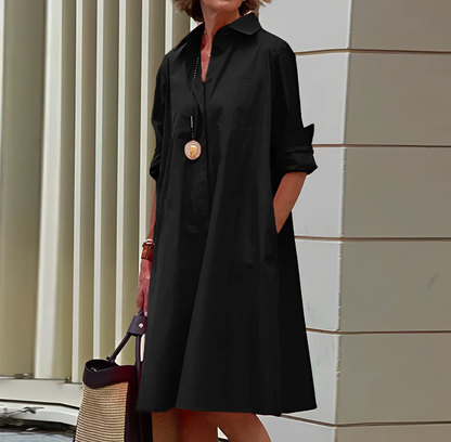 Dames Shirtjurk Midi met Kraag, Lange Mouwen en A-lijn Silhouet Zwart