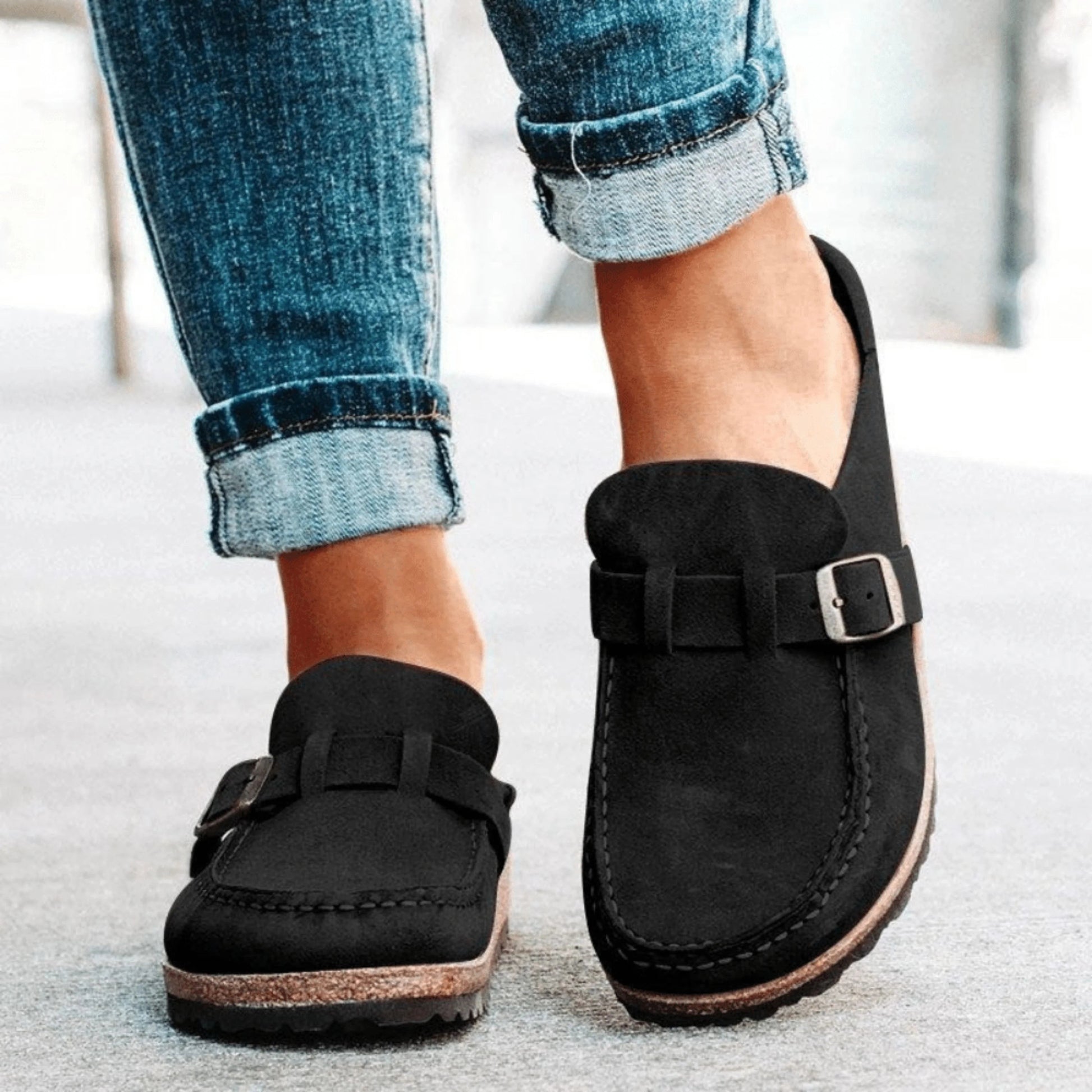 Dames Slippers met Gesp en Kurken Zool Zwart