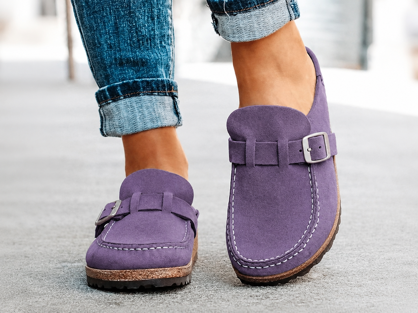 Dames Slippers met Gesp en Kurken Zool Paars