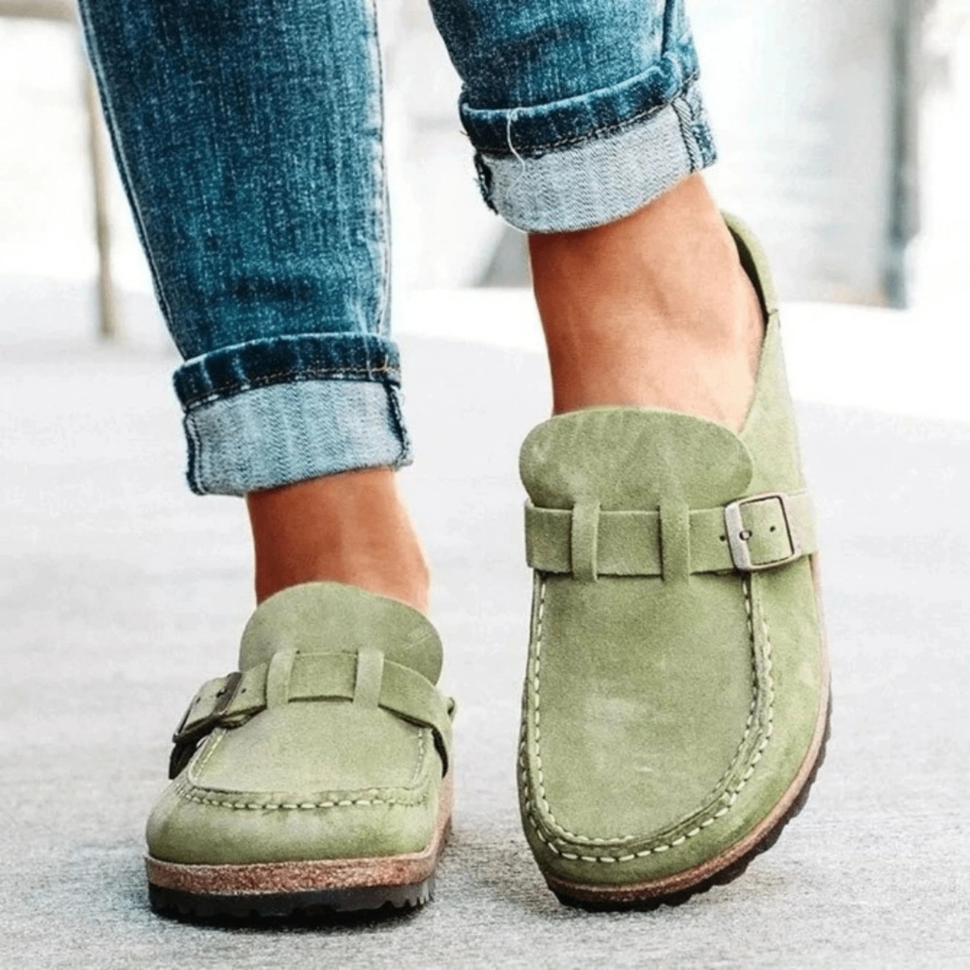 Dames Slippers met Gesp en Kurken Zool Groen