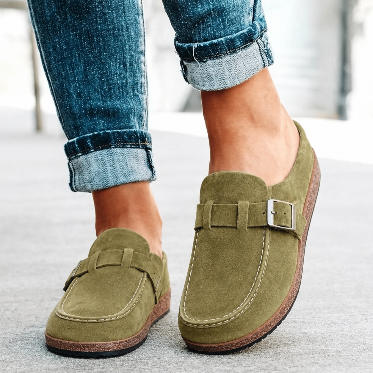 Dames Slippers met Gesp en Kurken Zool Groen