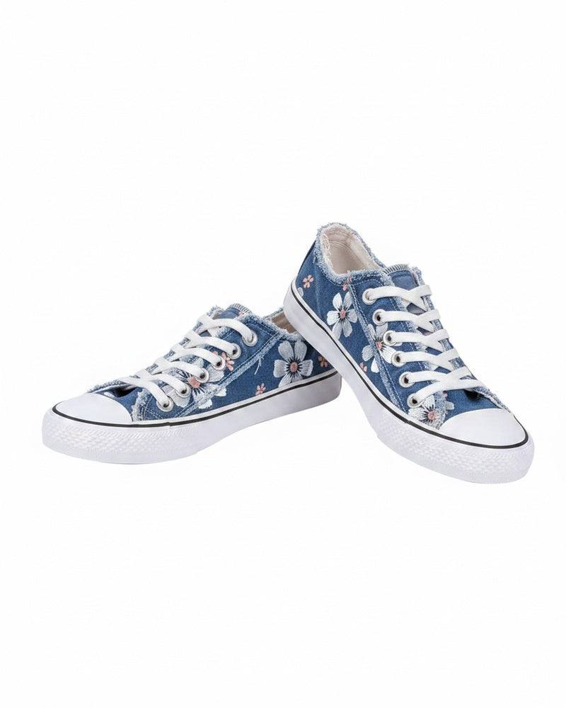Dames Sneakers met Bloemenprint en Gerafelde Rand