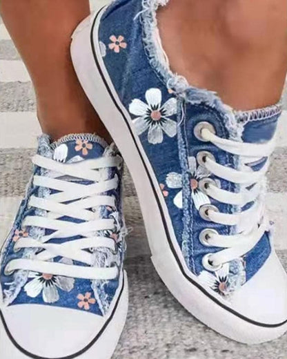 Dames Sneakers met Bloemenprint en Gerafelde Rand