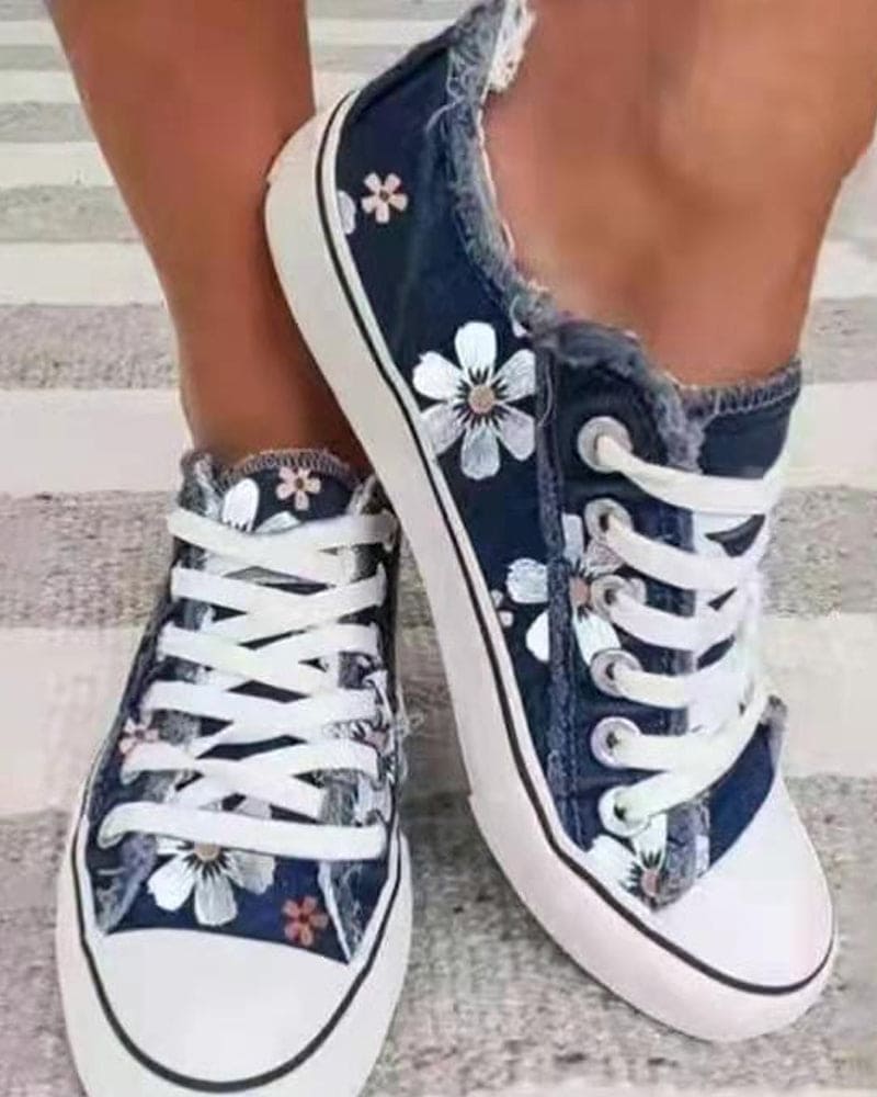 Dames Sneakers met Bloemenprint en Gerafelde Rand