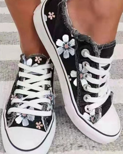 Dames Sneakers met Bloemenprint en Gerafelde Rand