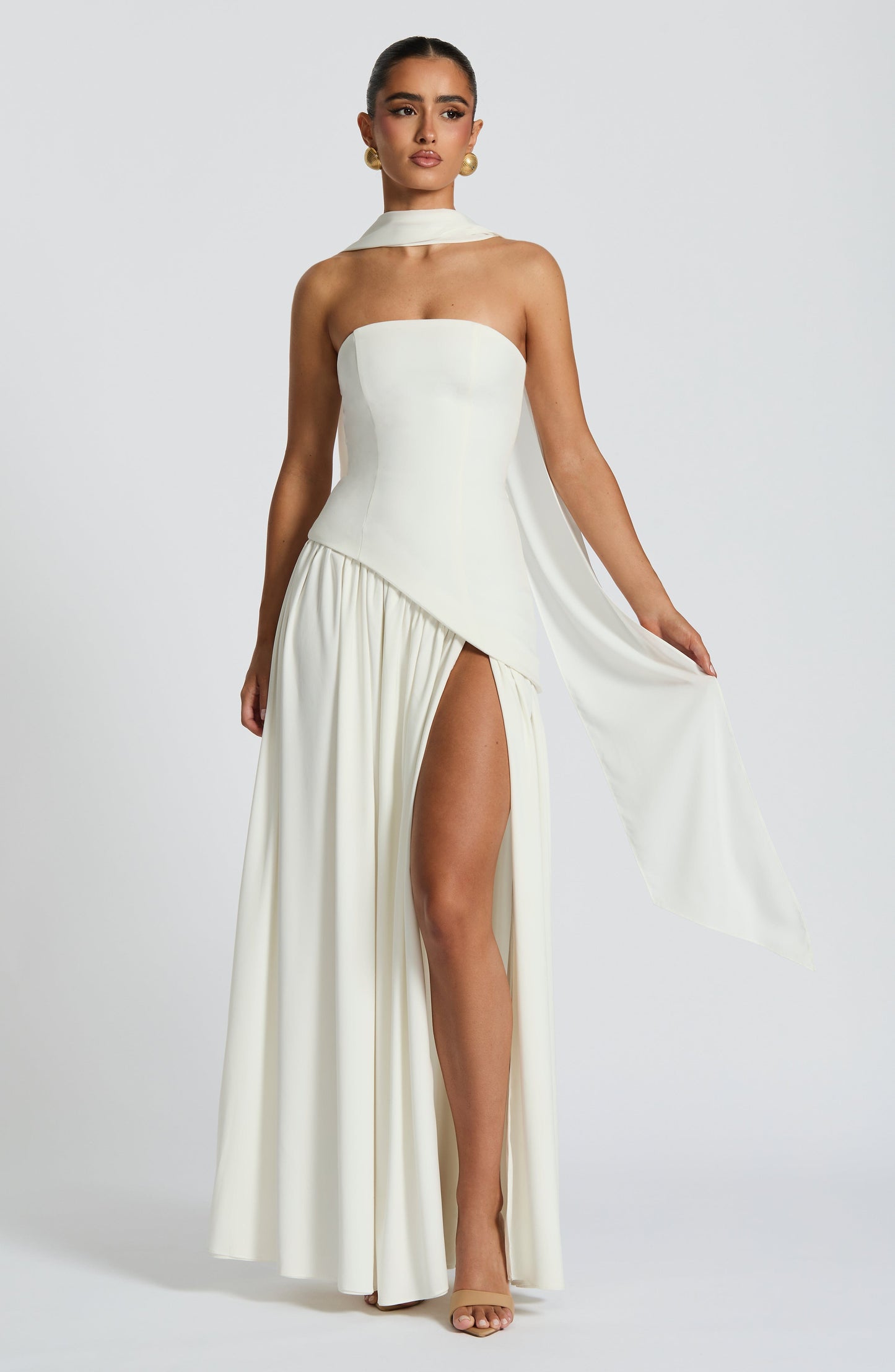 Dames Strapless Maxijurk met Corset Lijfje en Asymmetrische Taille