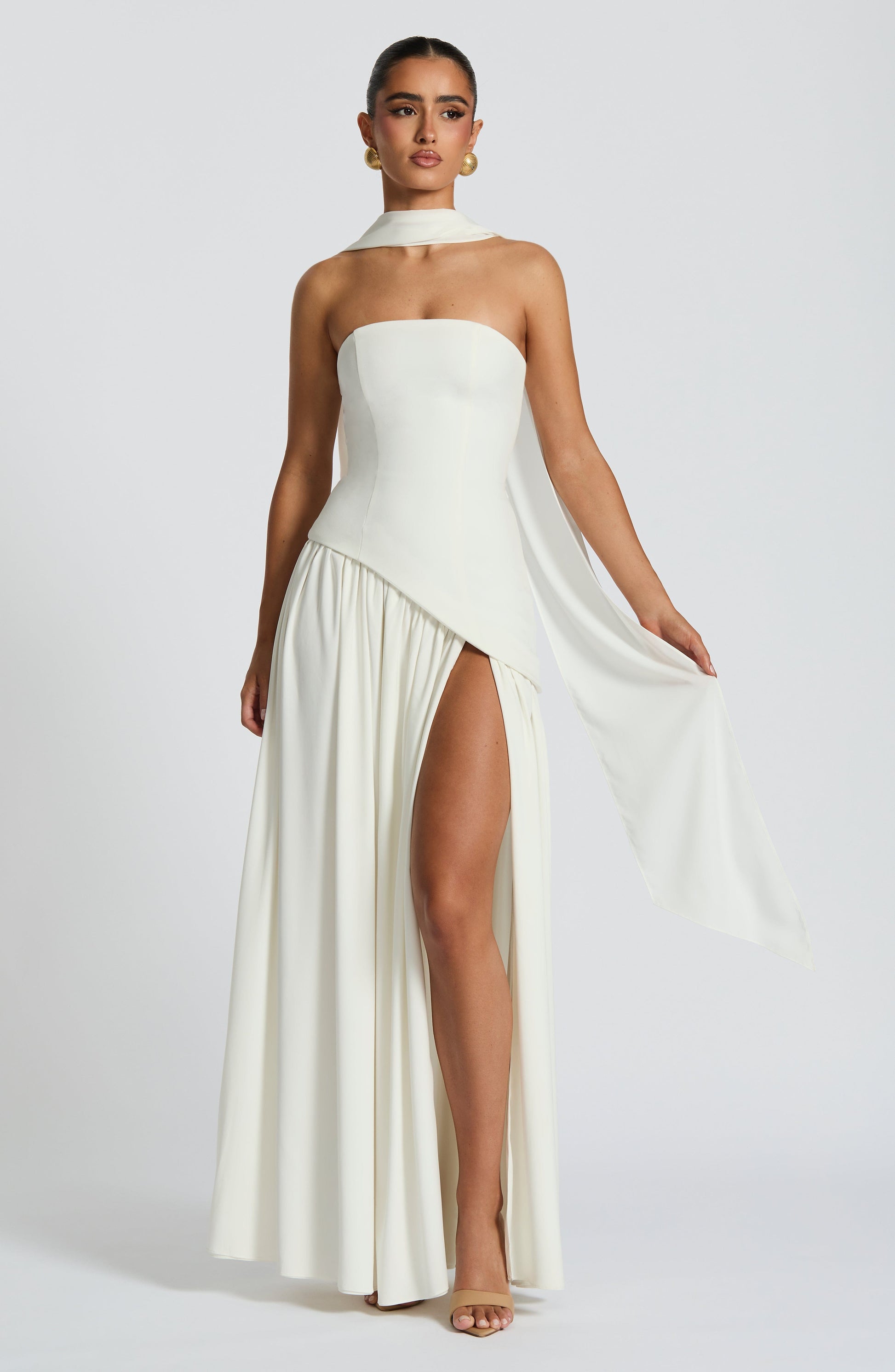 Dames Strapless Maxijurk met Corset Lijfje en Asymmetrische Taille