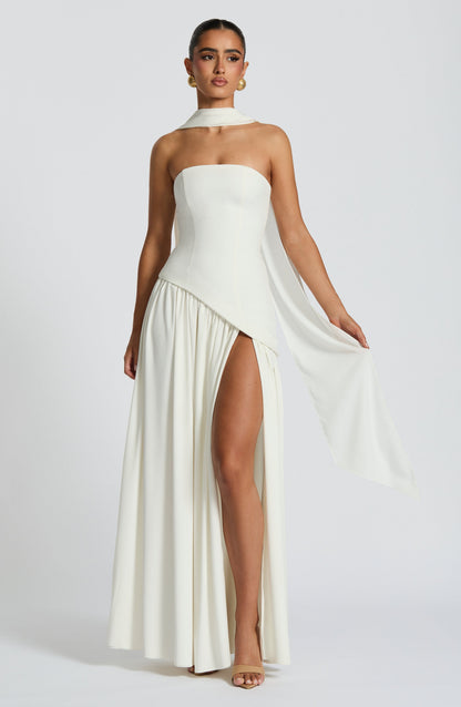 Dames Strapless Maxijurk met Corset Lijfje en Asymmetrische Taille