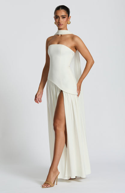 Dames Strapless Maxijurk met Corset Lijfje en Asymmetrische Taille