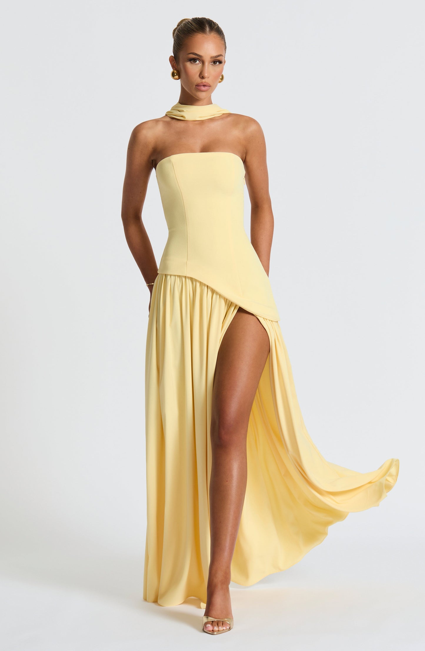 Dames Strapless Maxijurk met Corset Lijfje en Asymmetrische Taille