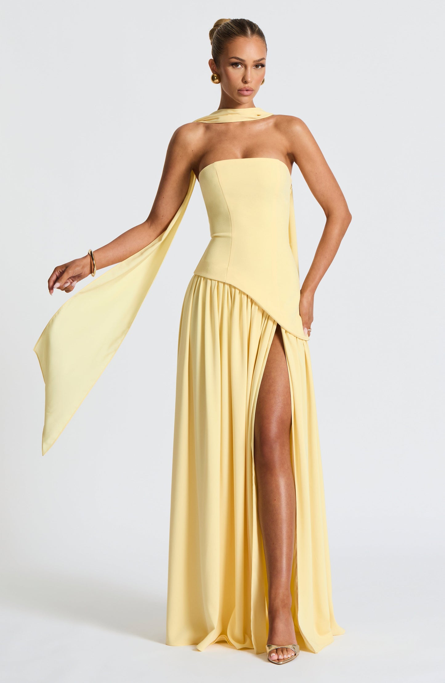Dames Strapless Maxijurk met Corset Lijfje en Asymmetrische Taille