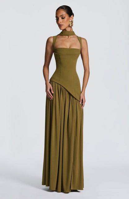 Dames Strapless Maxijurk met Corset Lijfje en Asymmetrische Taille Olijfgroen