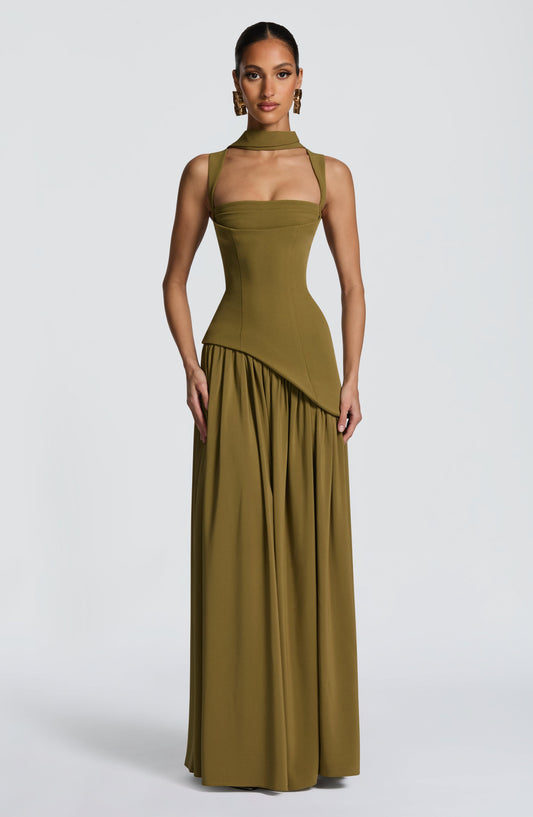 Dames Strapless Maxijurk met Corset Lijfje en Asymmetrische Taille