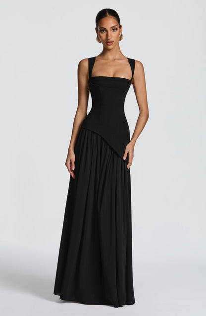 Dames Strapless Maxijurk met Corset Lijfje en Asymmetrische Taille Zwart