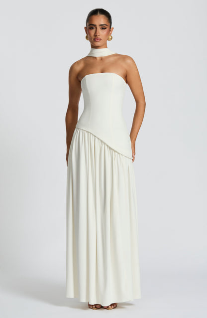 Dames Strapless Maxijurk met Corset Lijfje en Asymmetrische Taille Wit