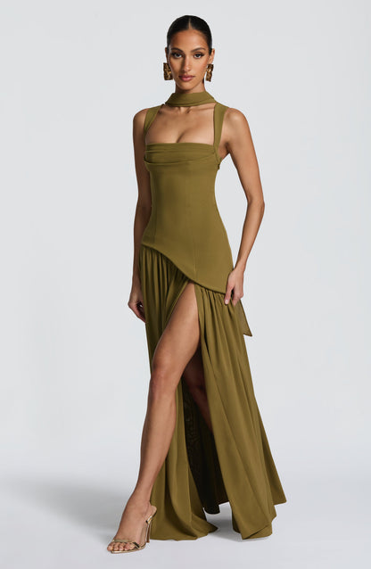 Dames Strapless Maxijurk met Corset Lijfje en Asymmetrische Taille