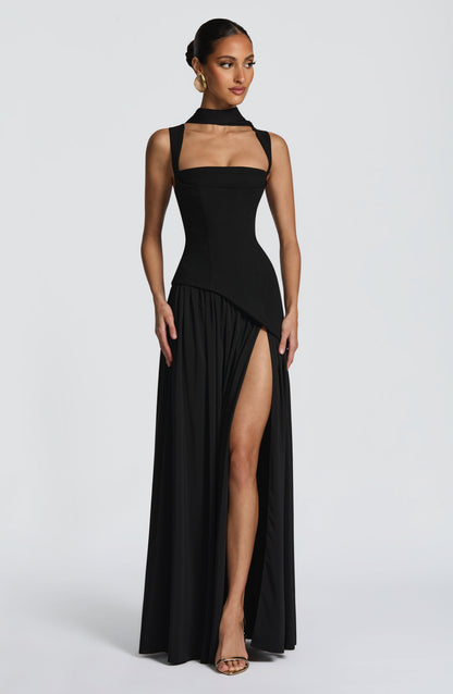 Dames Strapless Maxijurk met Corset Lijfje en Asymmetrische Taille