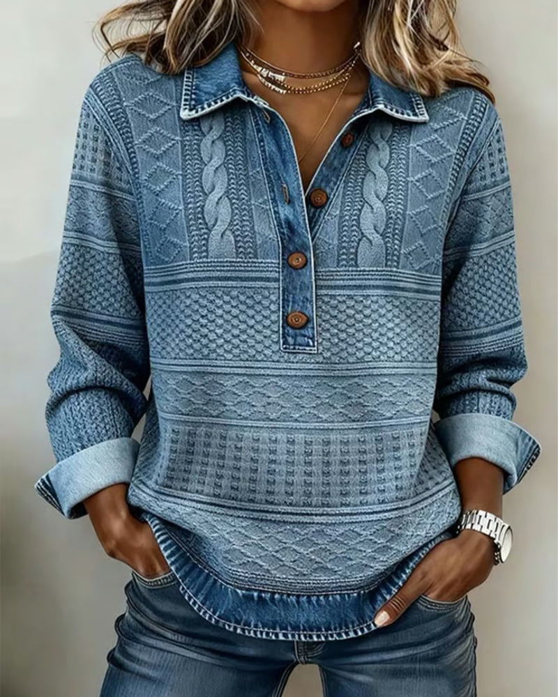 Dames Sweater met Halve Knoopsluiting en Reverskraag Blauw