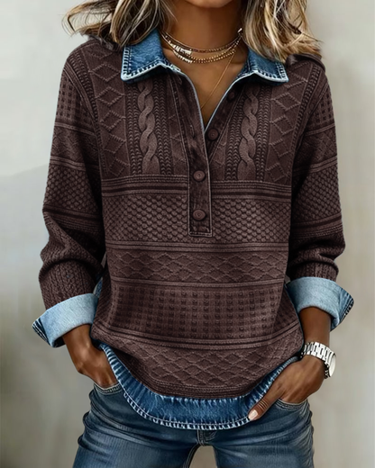 Dames Sweater met Halve Knoopsluiting en Reverskraag Bruin