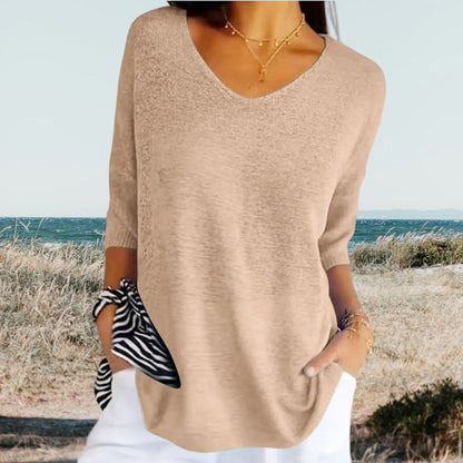 Dames Sweater V-hals met 3/4 Mouwen Oversized Pasvorm Beige