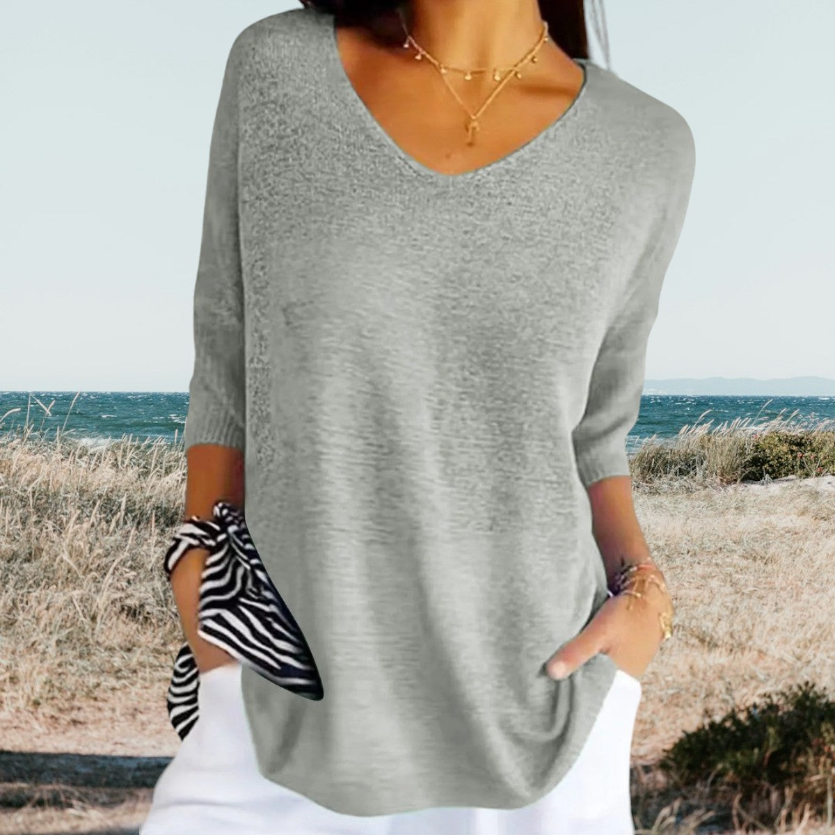 Dames Sweater V-hals met 3/4 Mouwen Oversized Pasvorm Grijs