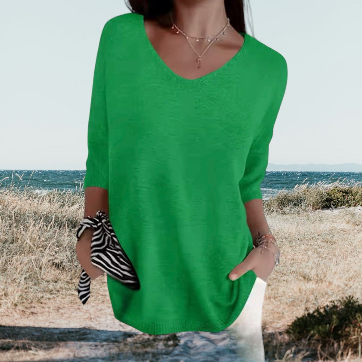 Dames Sweater V-hals met 3/4 Mouwen Oversized Pasvorm Groen
