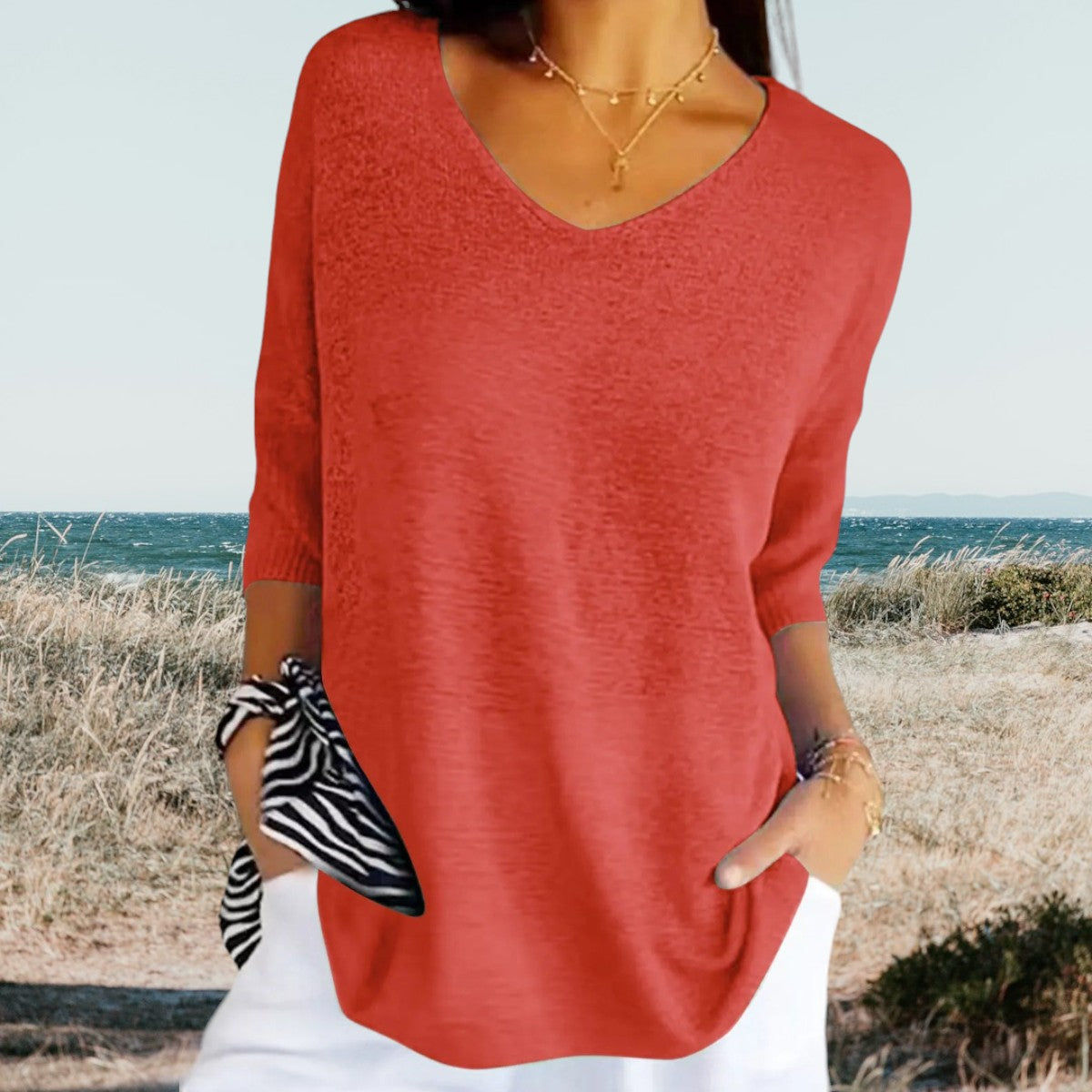 Dames Sweater V-hals met 3/4 Mouwen Oversized Pasvorm Rood