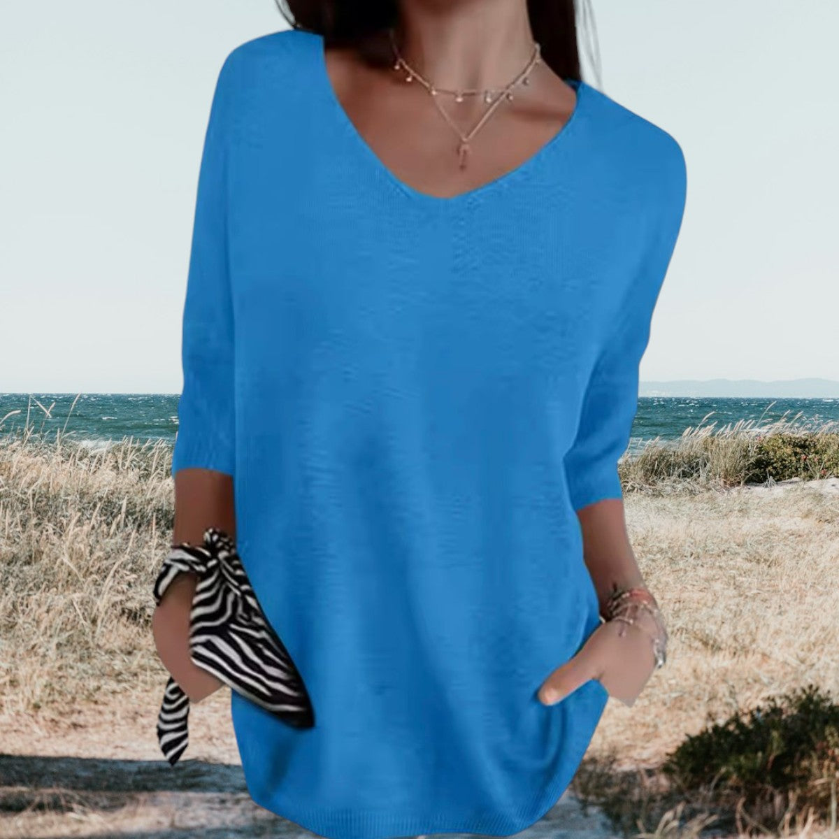 Dames Sweater V-hals met 3/4 Mouwen Oversized Pasvorm Blauw