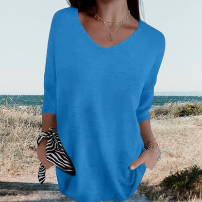 Dames Sweater V-hals met 3/4 Mouwen Oversized Pasvorm Blauw