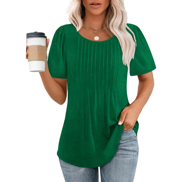 Dames T-shirt Korte Mouw met Ronde Hals en Geplooide Details Groen