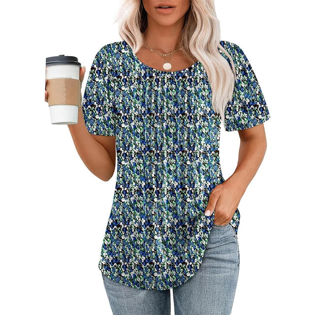 Dames T-shirt Korte Mouw met Ronde Hals en Geplooide Details Blauw Wit
