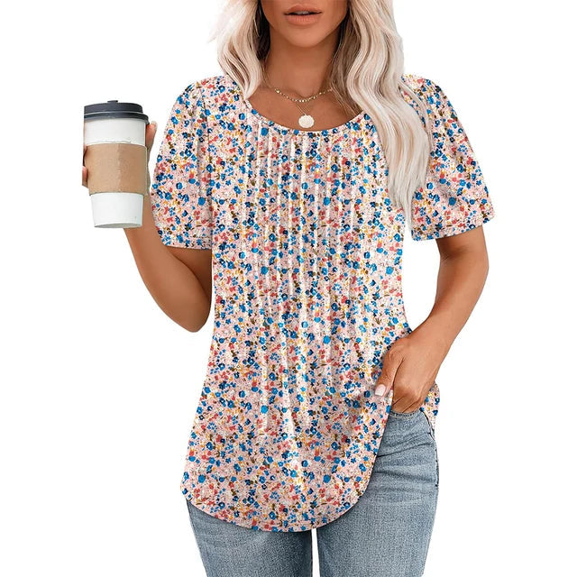 Dames T-shirt Korte Mouw met Ronde Hals en Geplooide Details Roze Wit