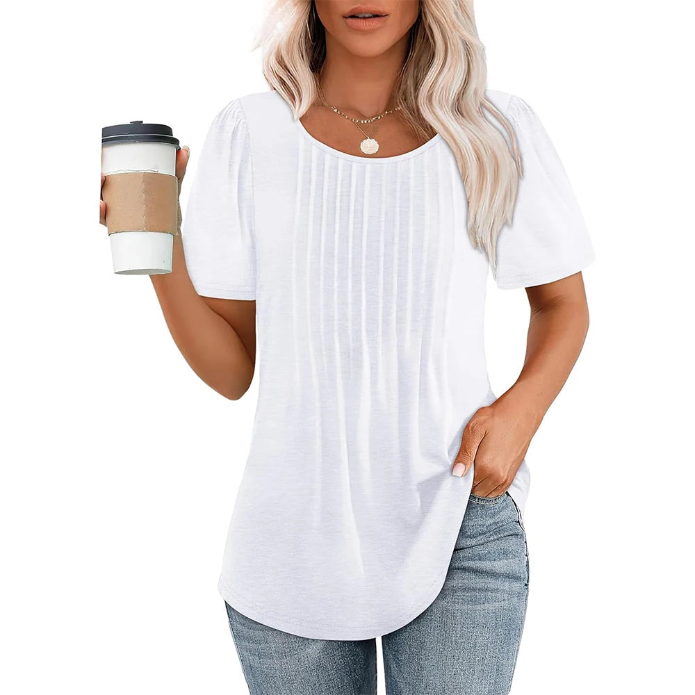 Dames T-shirt Korte Mouw met Ronde Hals en Geplooide Details