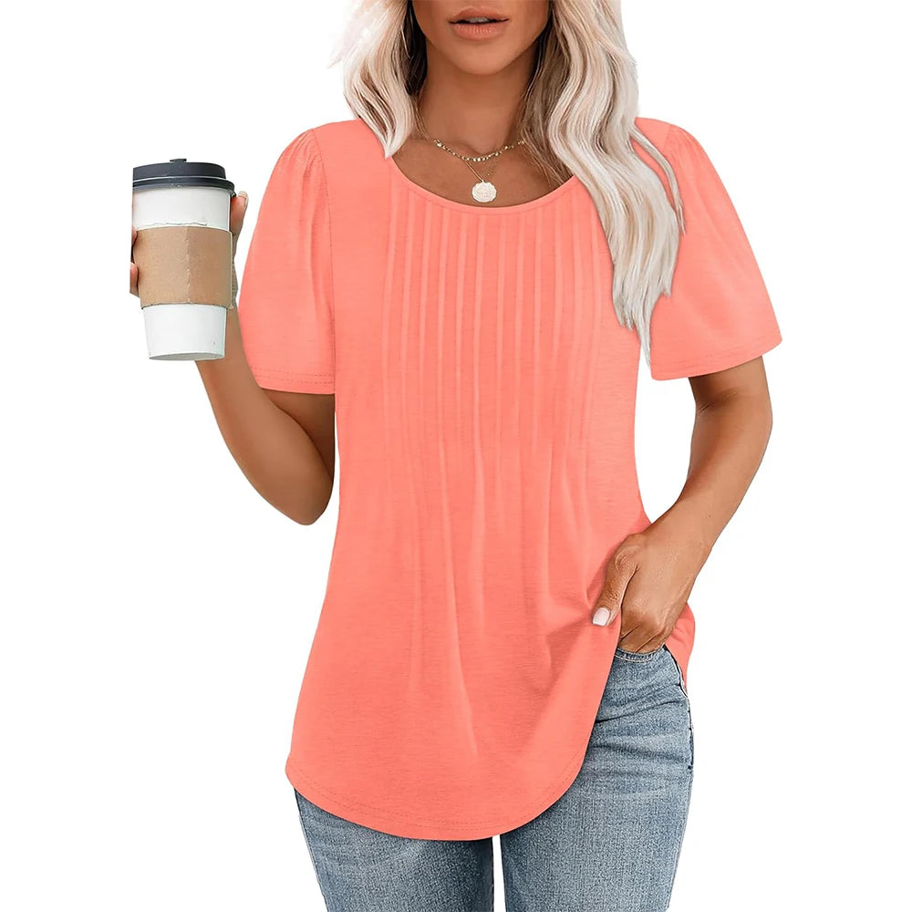 Dames T-shirt Korte Mouw met Ronde Hals en Geplooide Details
