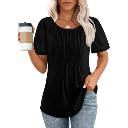 Dames T-shirt Korte Mouw met Ronde Hals en Geplooide Details Zwart