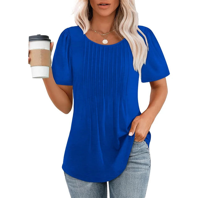 Dames T-shirt Korte Mouw met Ronde Hals en Geplooide Details Blauw