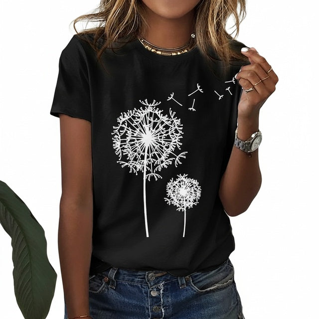 Dames T-shirt Korte Mouw met Ronde Hals en Paardenbloem Print