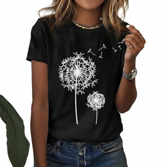 Dames T-shirt Korte Mouw met Ronde Hals en Paardenbloem Print