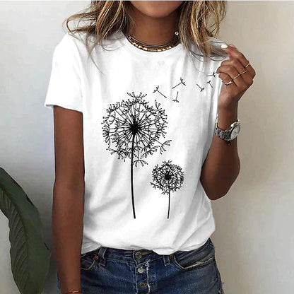 Dames T-shirt Korte Mouw met Ronde Hals en Paardenbloem Print