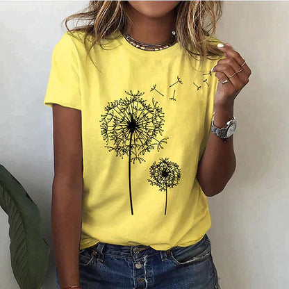 Dames T-shirt Korte Mouw met Ronde Hals en Paardenbloem Print