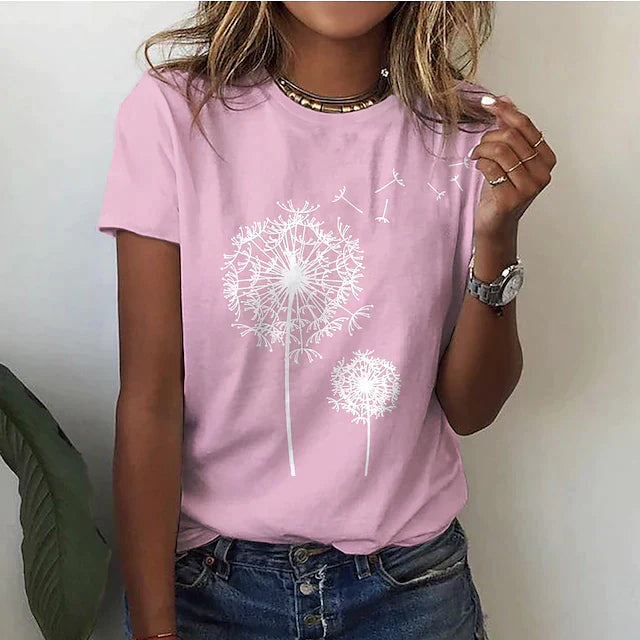 Dames T-shirt Korte Mouw met Ronde Hals en Paardenbloem Print