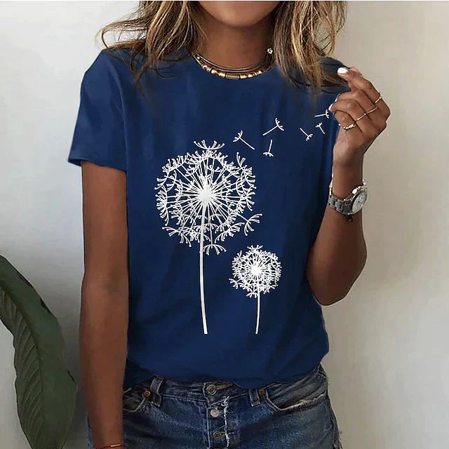 Dames T-shirt Korte Mouw met Ronde Hals en Paardenbloem Print